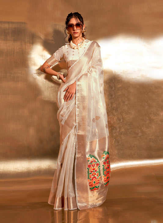 Off-White Tissue Silk Zari Woven Saree With Paithani Style Pallu