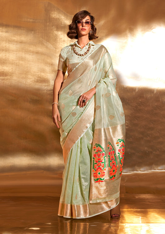 Pista Green Tissue Silk Zari Woven Saree With Paithani Style Pallu