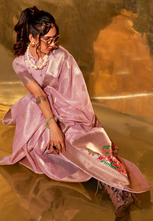 Baby Pink Tissue Silk Zari Woven Saree With Paithani Style Pallu