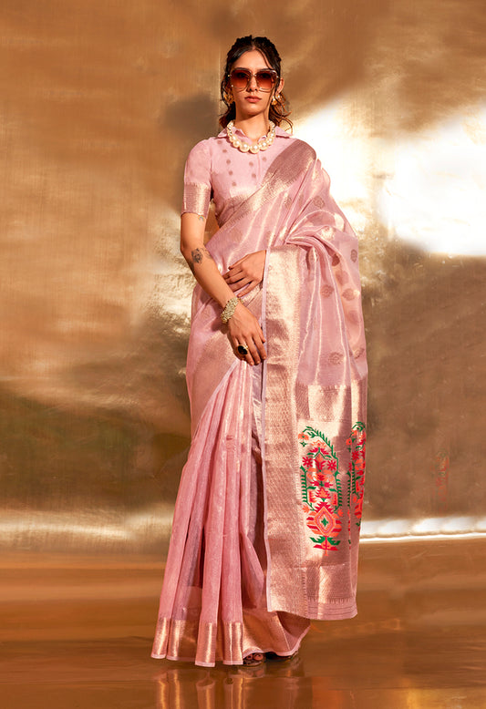 Baby Pink Tissue Silk Zari Woven Saree With Paithani Style Pallu