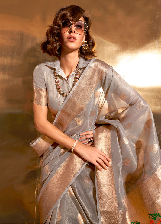 Gray Tissue Silk Zari Woven Saree With Paithani Style Pallu