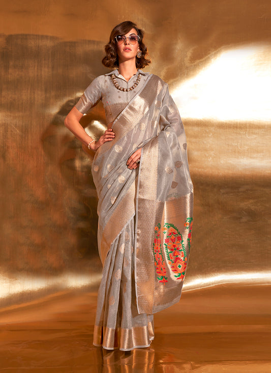 Gray Tissue Silk Zari Woven Saree With Paithani Style Pallu