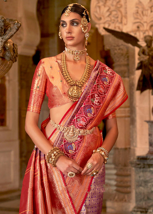 Purple Silk Saree with Red Zari Borders