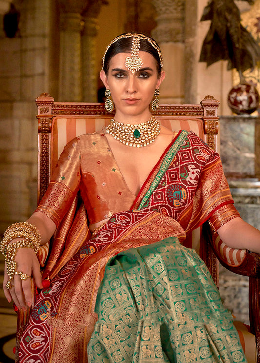 Green Silk Saree with Maroon Zari Borders