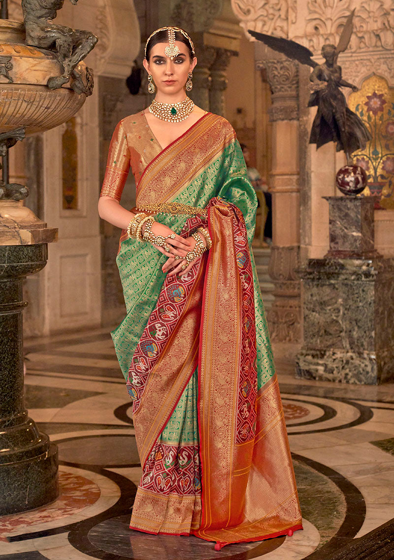 Green Silk Saree with Maroon Zari Borders