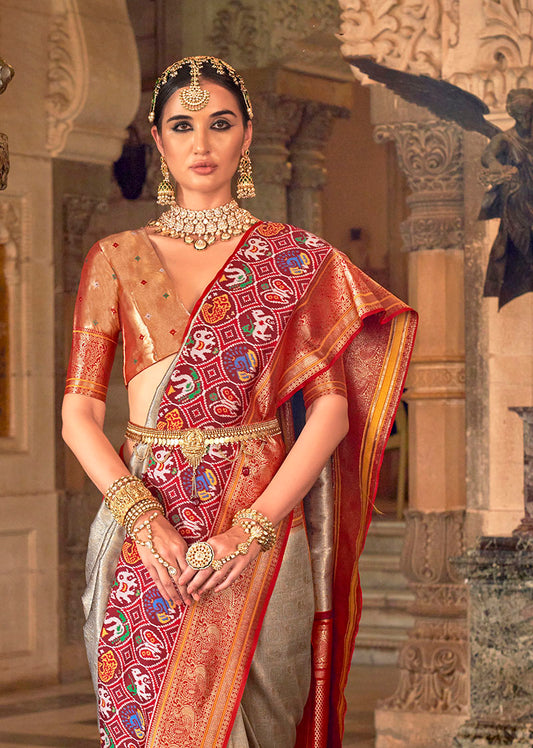 Gray Silk Saree with Maroon Zari Borders