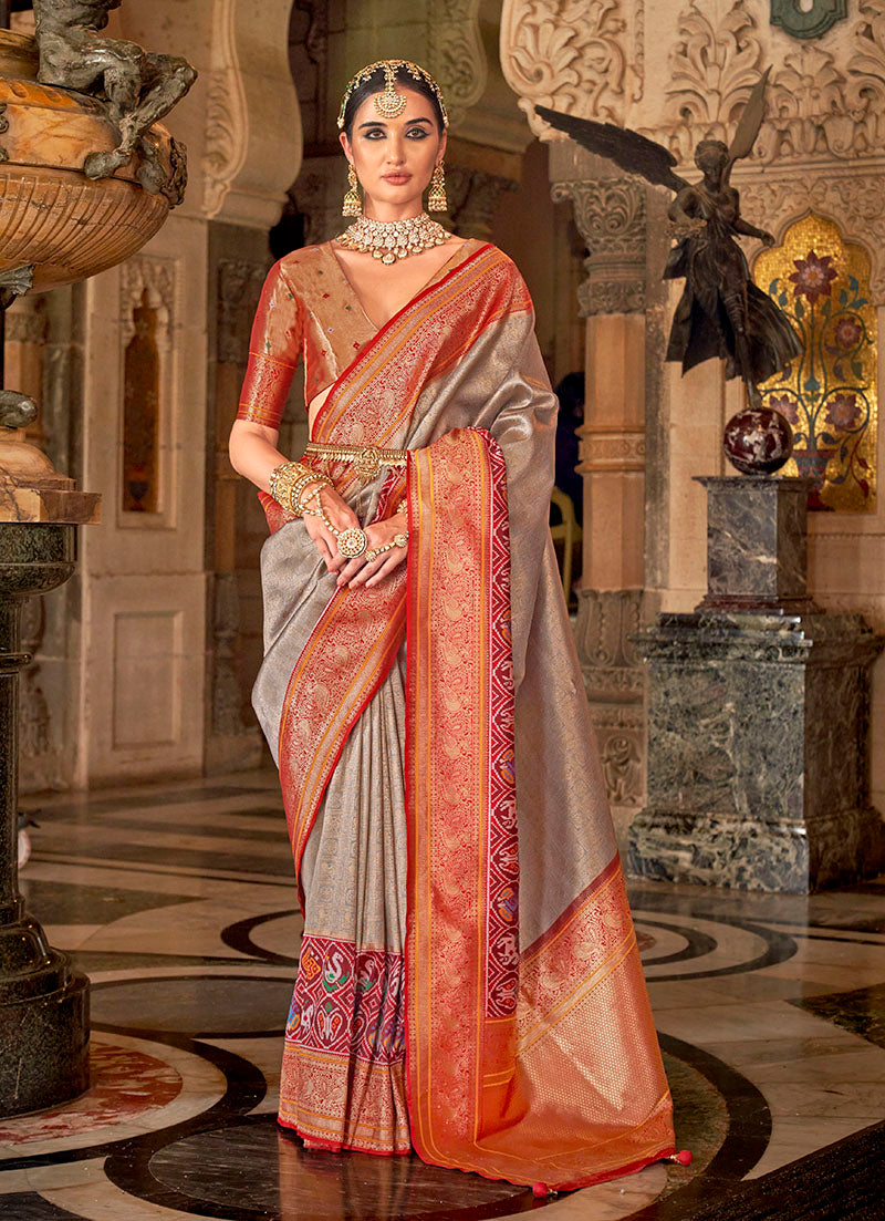 Gray Silk Saree with Maroon Zari Borders