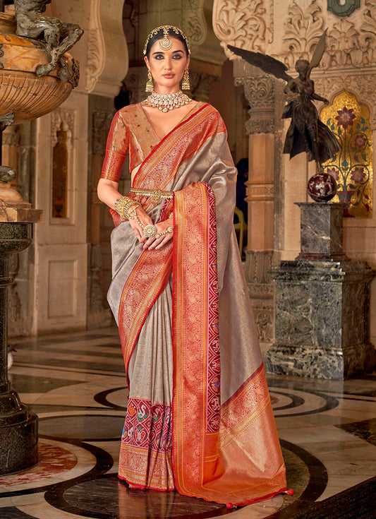 Gray Silk Saree with Maroon Zari Borders