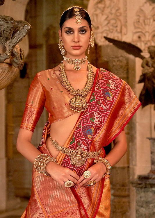 Orange Silk Saree with Maroon Zari Borders