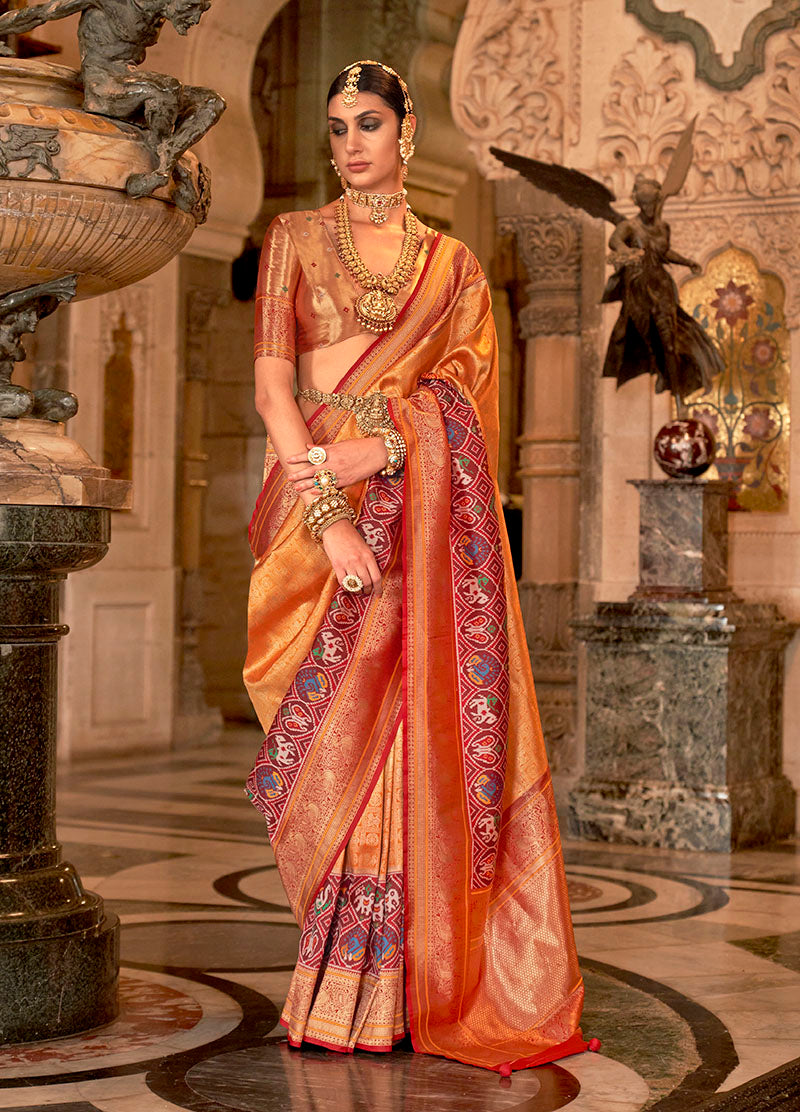 Orange Silk Saree with Maroon Zari Borders