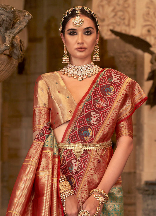 Teal Silk Saree with Maroon Zari Borders