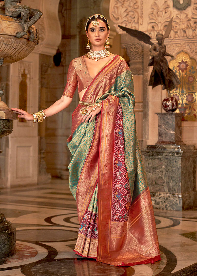 Teal Silk Saree with Maroon Zari Borders