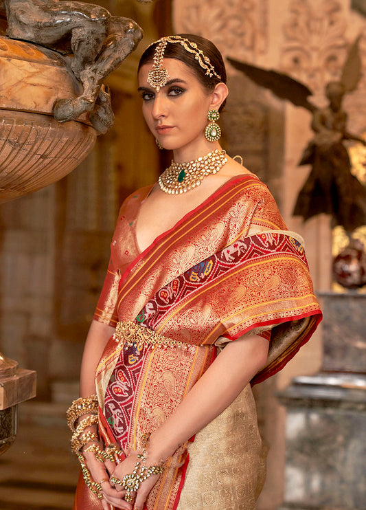 Beige Silk Saree with Maroon Zari Borders