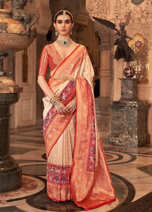 Beige Silk Saree with Maroon Zari Borders