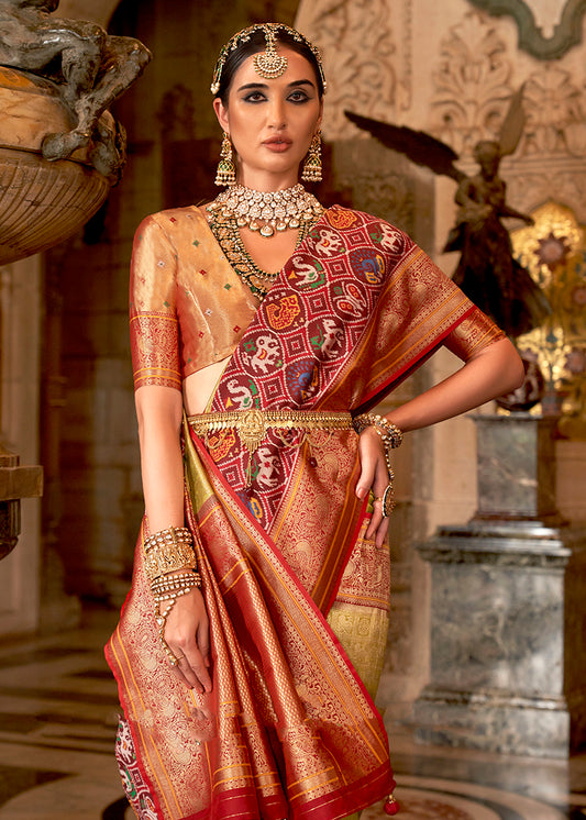 Olive Silk Saree with Maroon Zari Borders