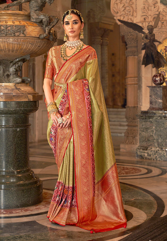 Olive Silk Saree with Maroon Zari Borders
