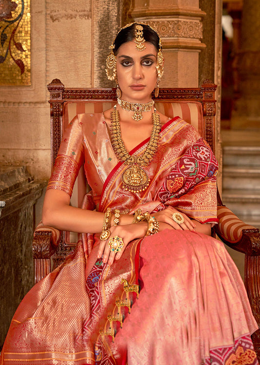 Peach Silk Saree with Maroon Zari Borders