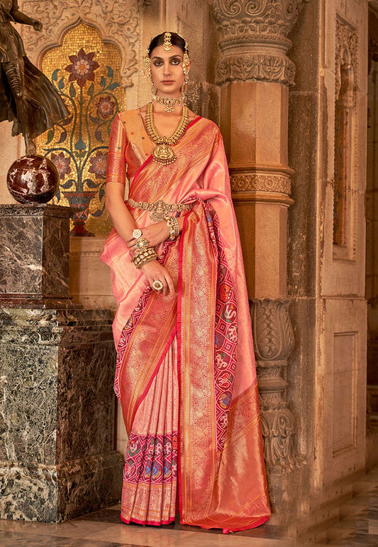 Peach Silk Saree with Maroon Zari Borders