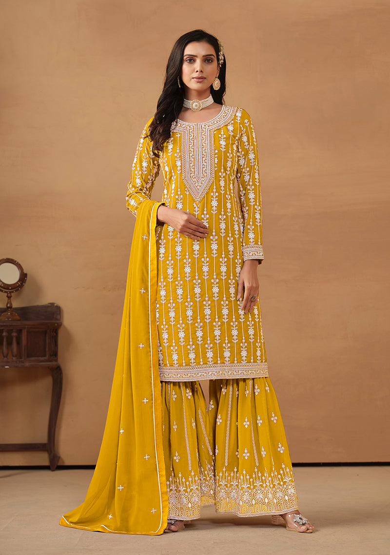 Mustard Faux Georgette Embroidered Designer Sharara Suit