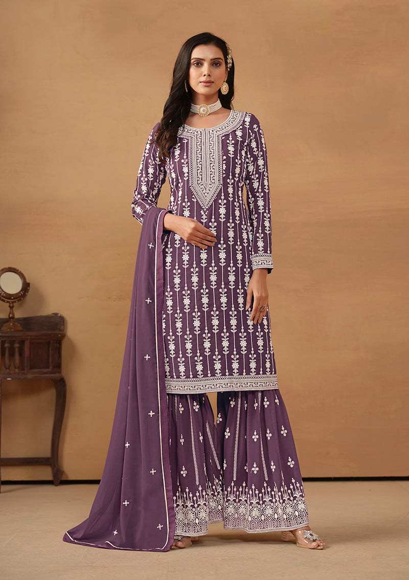 Dark Violet Faux Georgette Embroidered Designer Sharara Suit