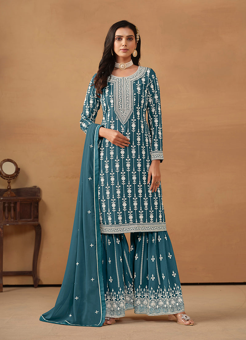 Teal Blue Faux Georgette Embroidered Designer Sharara Suit