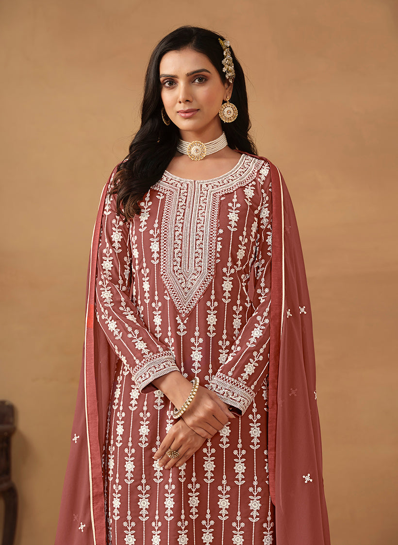 Dark Rust Faux Georgette Embroidered Designer Sharara Suit - Monjolika Fashion