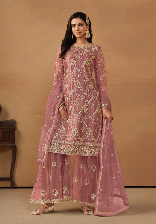 Light Pink Net Embroidered Trendy Sharara Suit