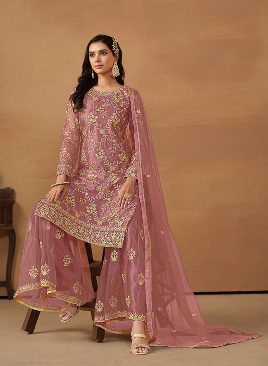 Light Pink Net Embroidered Trendy Sharara Suit