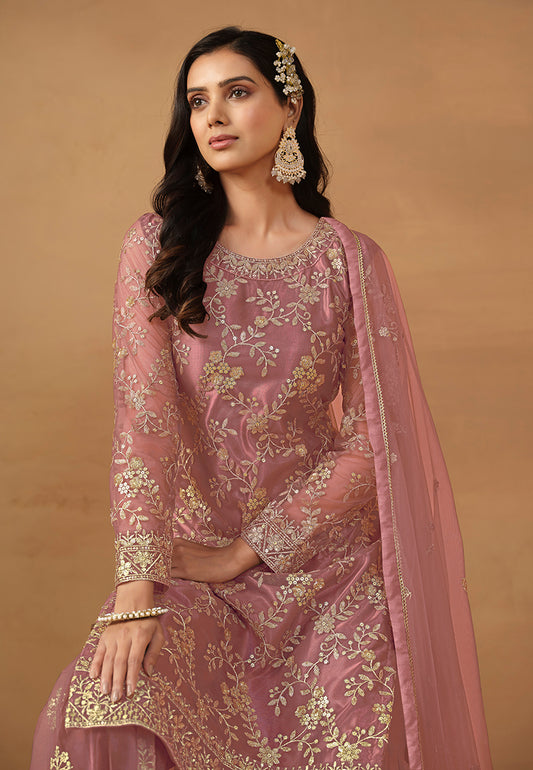 Light Pink Net Embroidered Trendy Sharara Suit