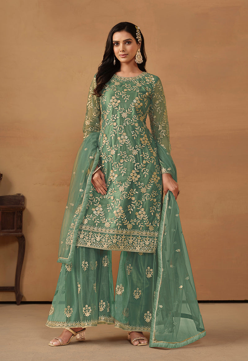 Dark Sea Green Net Embroidered Trendy Sharara Suit - Monjolika Fashion