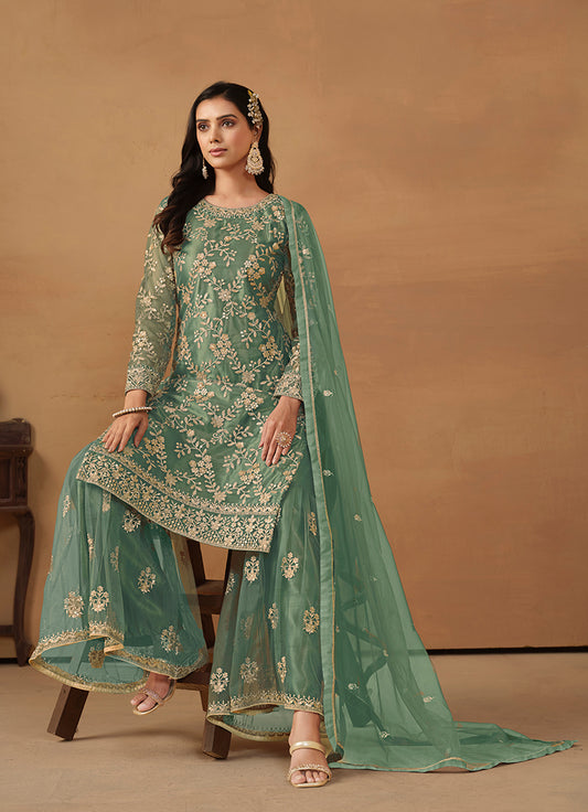 Dark Sea Green Net Embroidered Trendy Sharara Suit - Monjolika Fashion