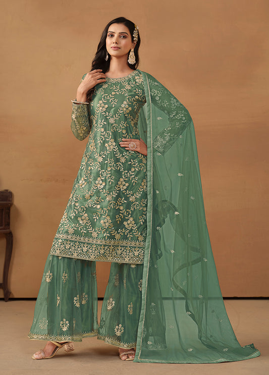 Dark Sea Green Net Embroidered Trendy Sharara Suit - Monjolika Fashion