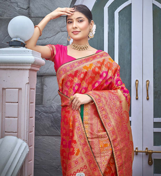 Rani Pink Banarasi Silk Blend Jacquard Woven Designer Saree