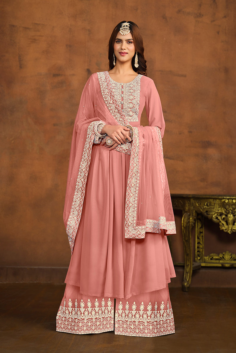 Salmon Embroidered Faux Georgette Latest Salwar Suit
