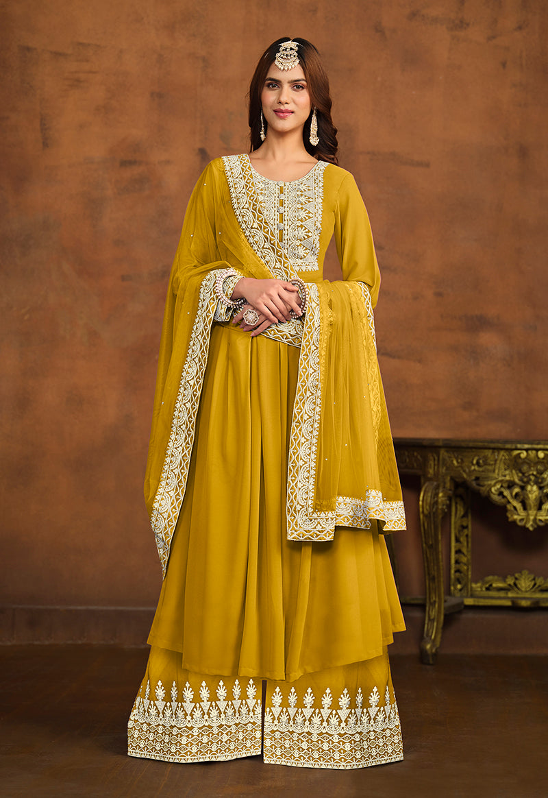 Mustard Faux Georgette Embroidered  Latest Salwar Suit