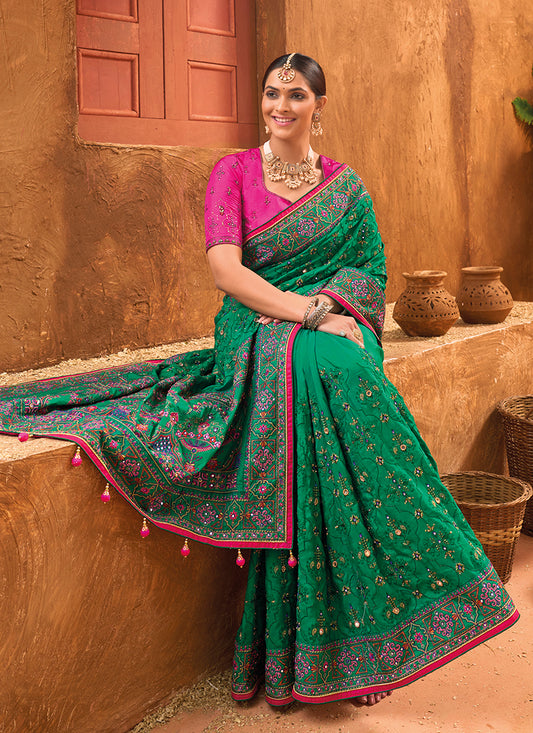 Teal Green Banarasi Silk Kachhi Work Saree With Contrast Blouse