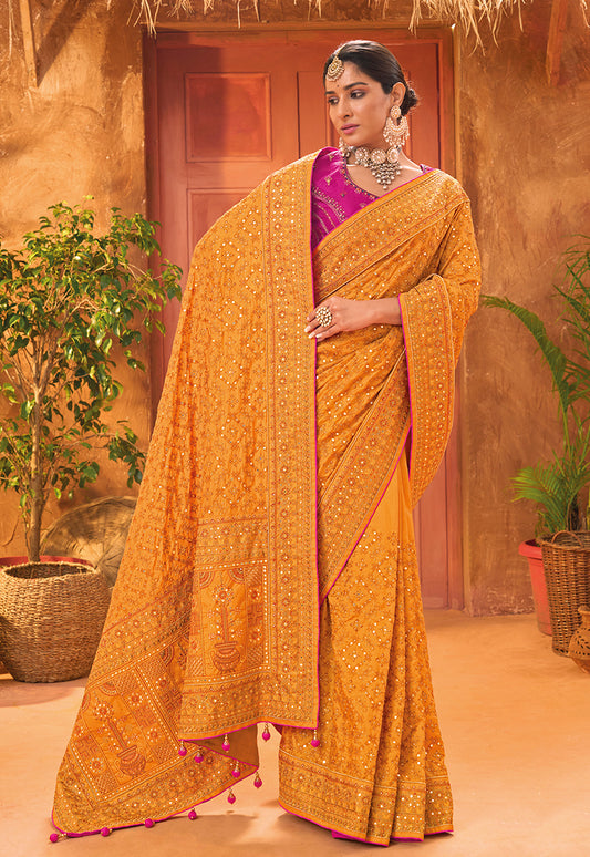 Mustard Banarasi Silk Kachhi Work Saree With Contrast Blouse