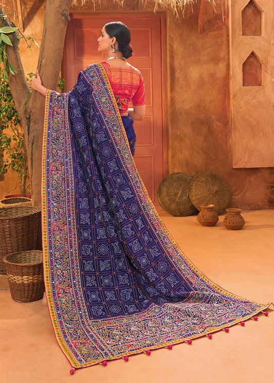 Navy Blue Banarasi Silk Kachhi Work Saree With Contrast Blouse
