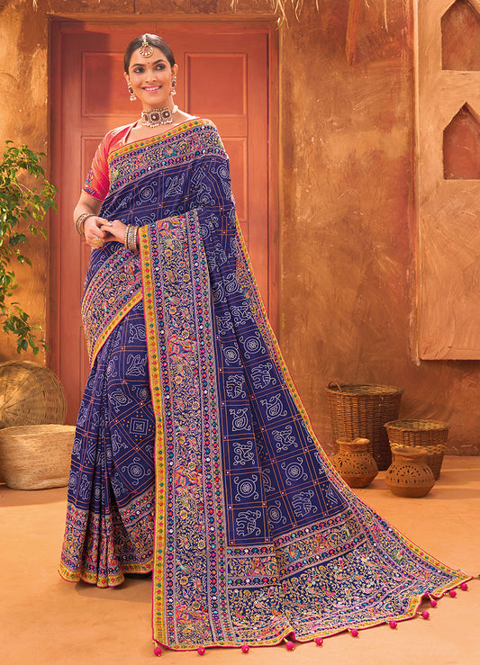 Navy Blue Banarasi Silk Kachhi Work Saree With Contrast Blouse