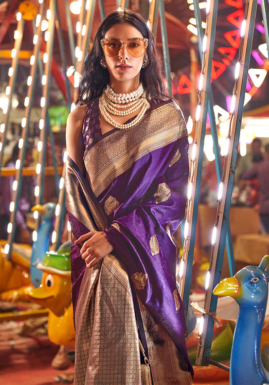 Dark Purple Handloom Silk Zari Weaving Classic Saree
