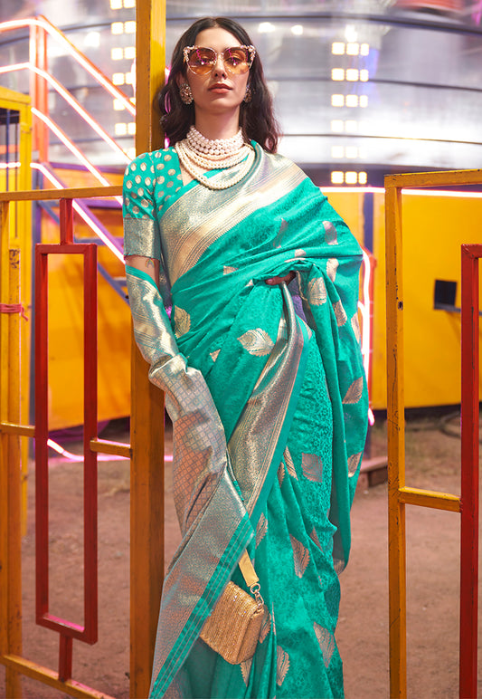 Teal Handloom Silk Zari Weaving Classic Saree