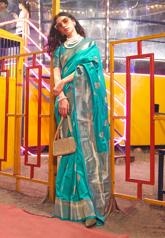Teal Handloom Silk Zari Weaving Classic Saree