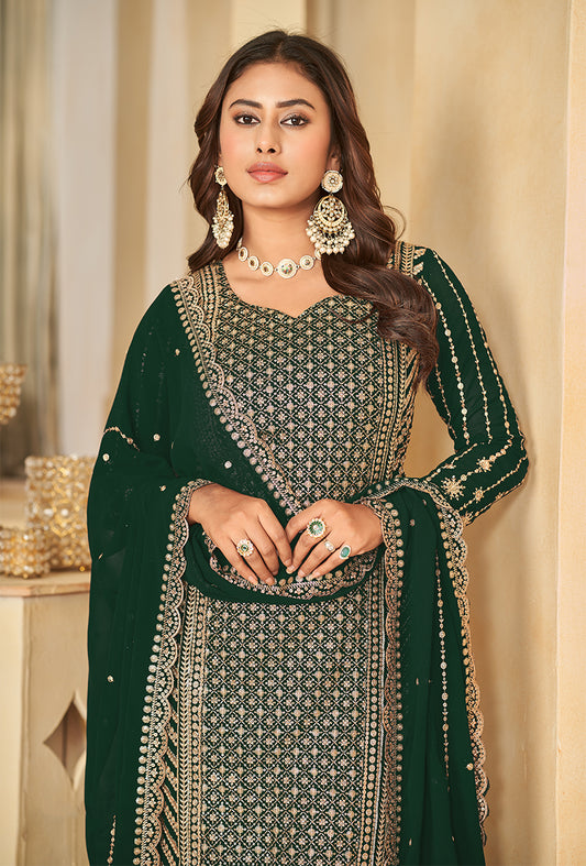 Green Faux Georgette Embroidered Sharara Suit - Monjolika Fashion