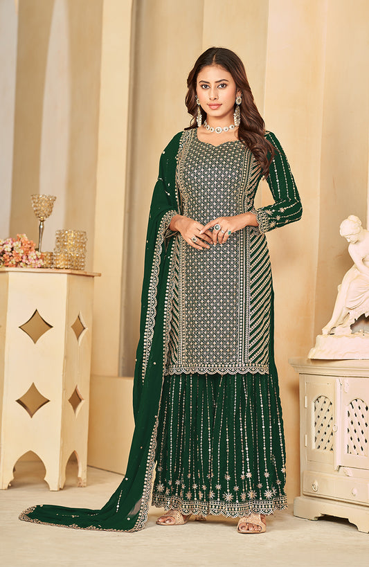 Green Faux Georgette Embroidered Sharara Suit - Monjolika Fashion