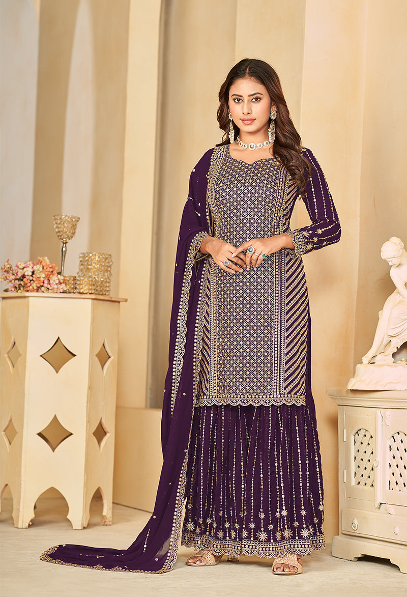 Purple Faux Georgette Embroidered Sharara Suit