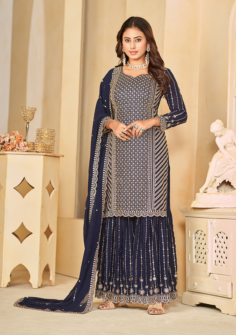 Navy Blue Faux Georgette Embroidered Sharara Suit