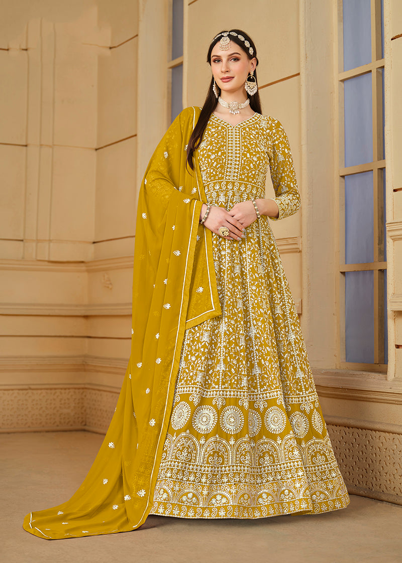 Mustard Faux Georgette Embroidered Designer Anarkali Suit