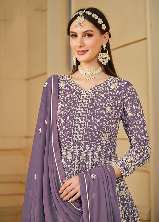 Lavender Georgette Heavy Work Floor Length Gown With Dupatta