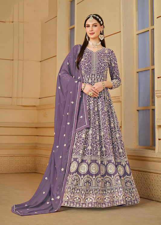 Lavender Georgette Heavy Work Floor Length Gown With Dupatta