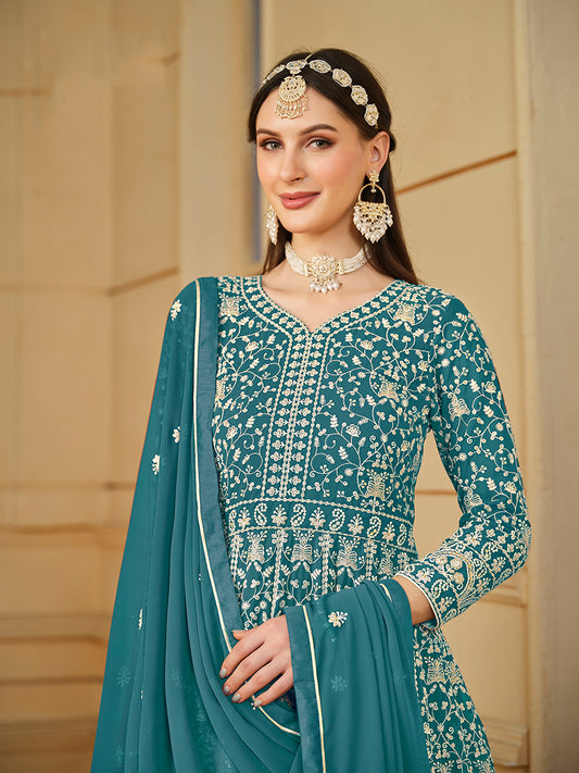 Turquoise Georgette Heavy Work Floor Length Gown With Dupatta